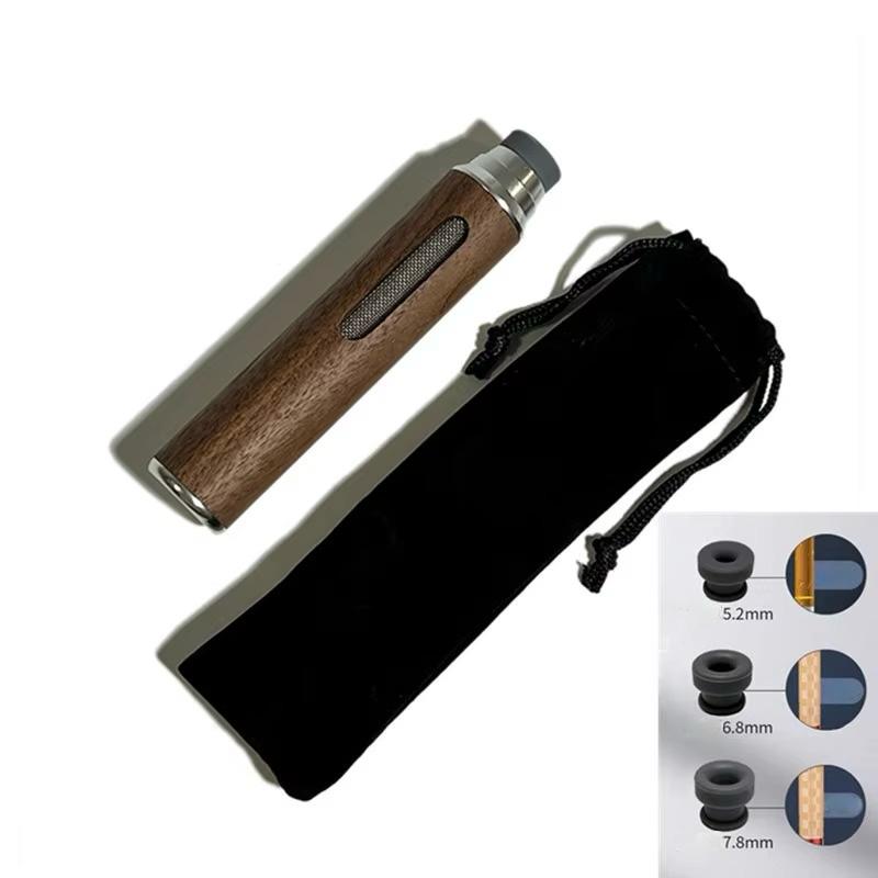 Wooden vape pen with black carrying case and size options on a white background