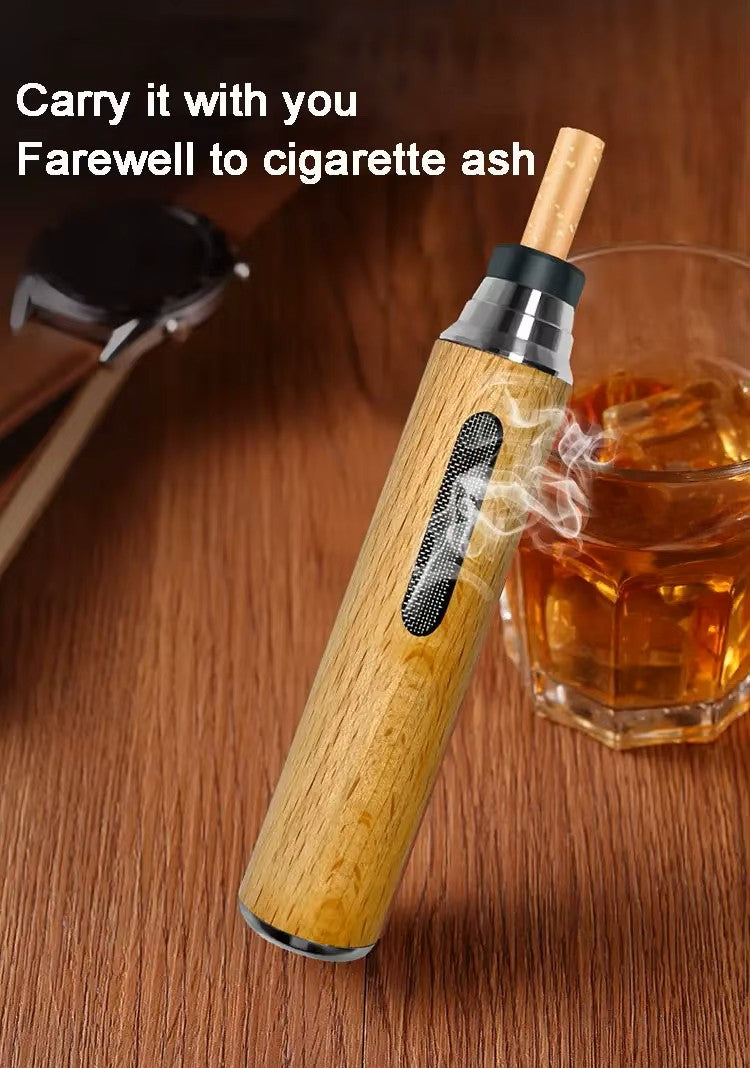 Wooden smoking device with text 'Carry it with you Farewell to cigarette ash' on a wooden surface.