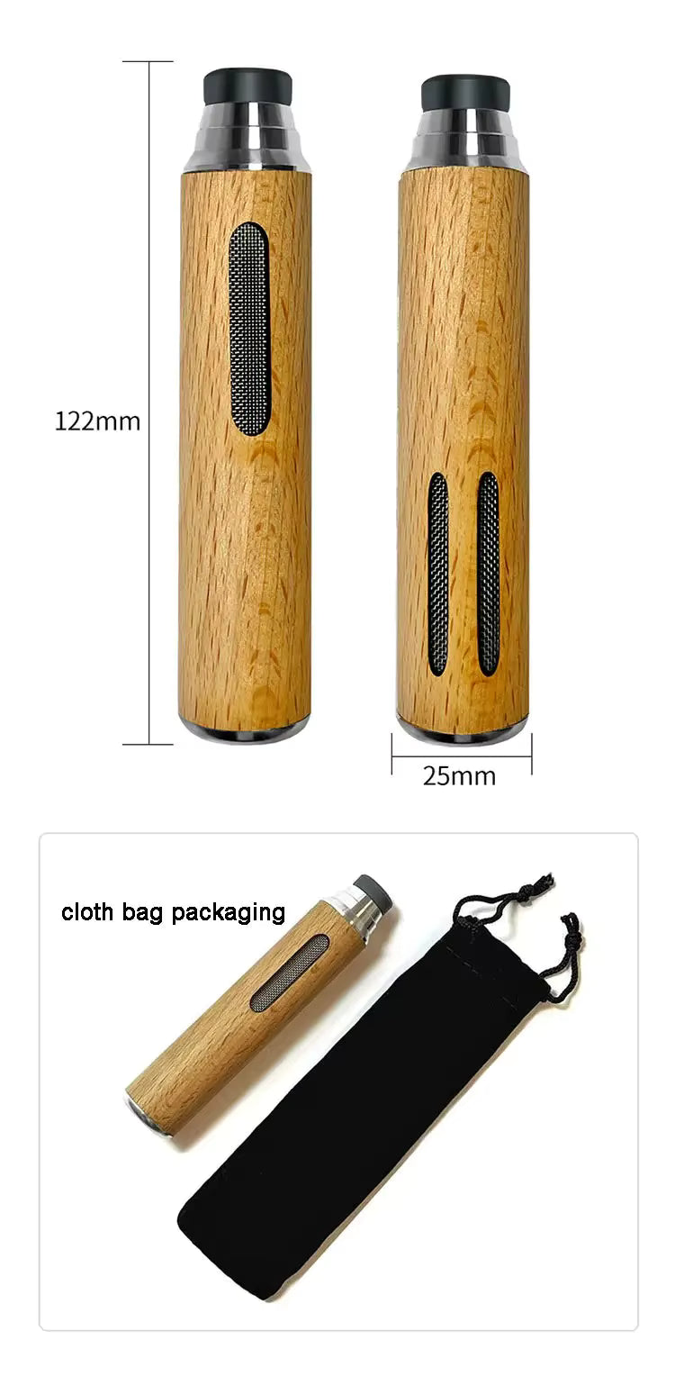 Wooden product with measurements and cloth bag packaging on a white background