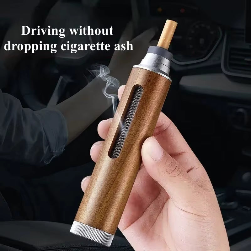 Hand holding a wooden smoking device with text 'Driving without dropping cigarette ash' inside a car.